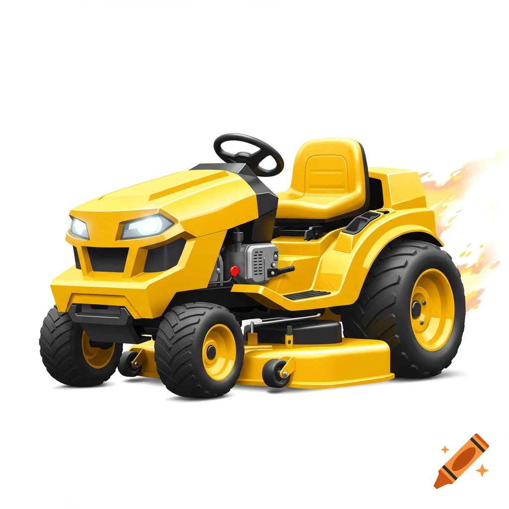 A cartoony yellow ride-on lawnmower with stylized flames.