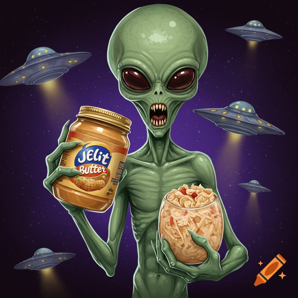 A menacing green alien is holding a jar of peanut butter and a glass of sauerkraut, with UFOs visible in space.