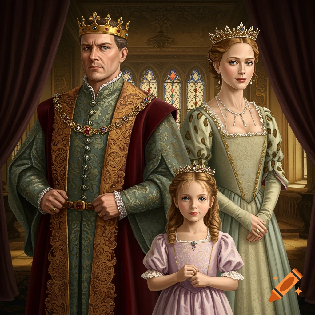 A Renaissance-style royal portrait of a king, queen, and young princess posing in a grand castle hall.