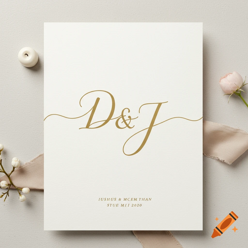 Wedding invitation card with gold script initials D & J on a light surface, with a candle, flower, and ribbon.