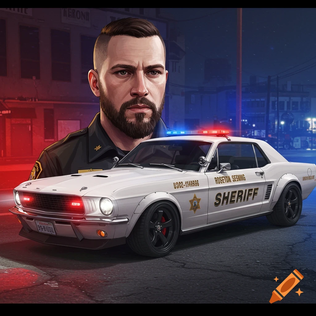 A police officer stands next to a white classic Mustang police car with flashing lights at night.