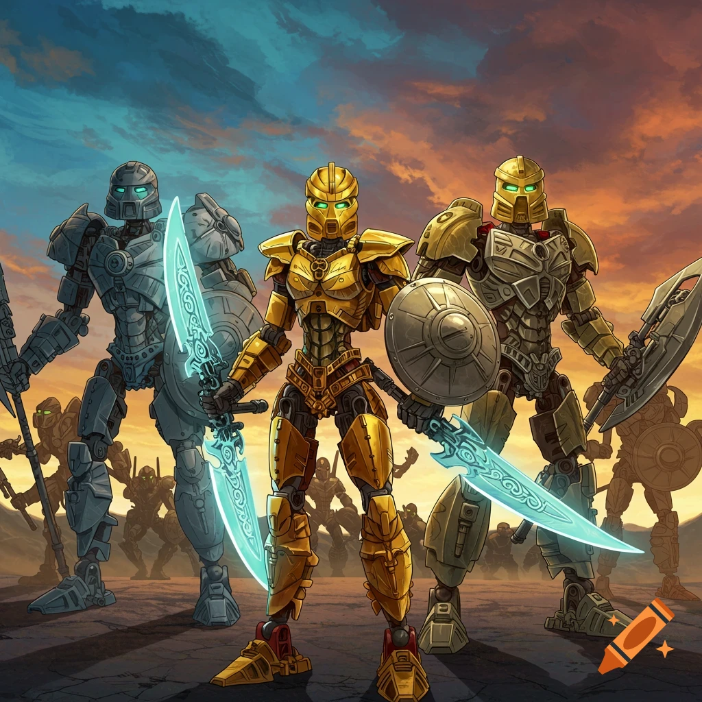 Three armored robot warriors stand ready with glowing swords and shields before an army of similar robots under an orange sky.