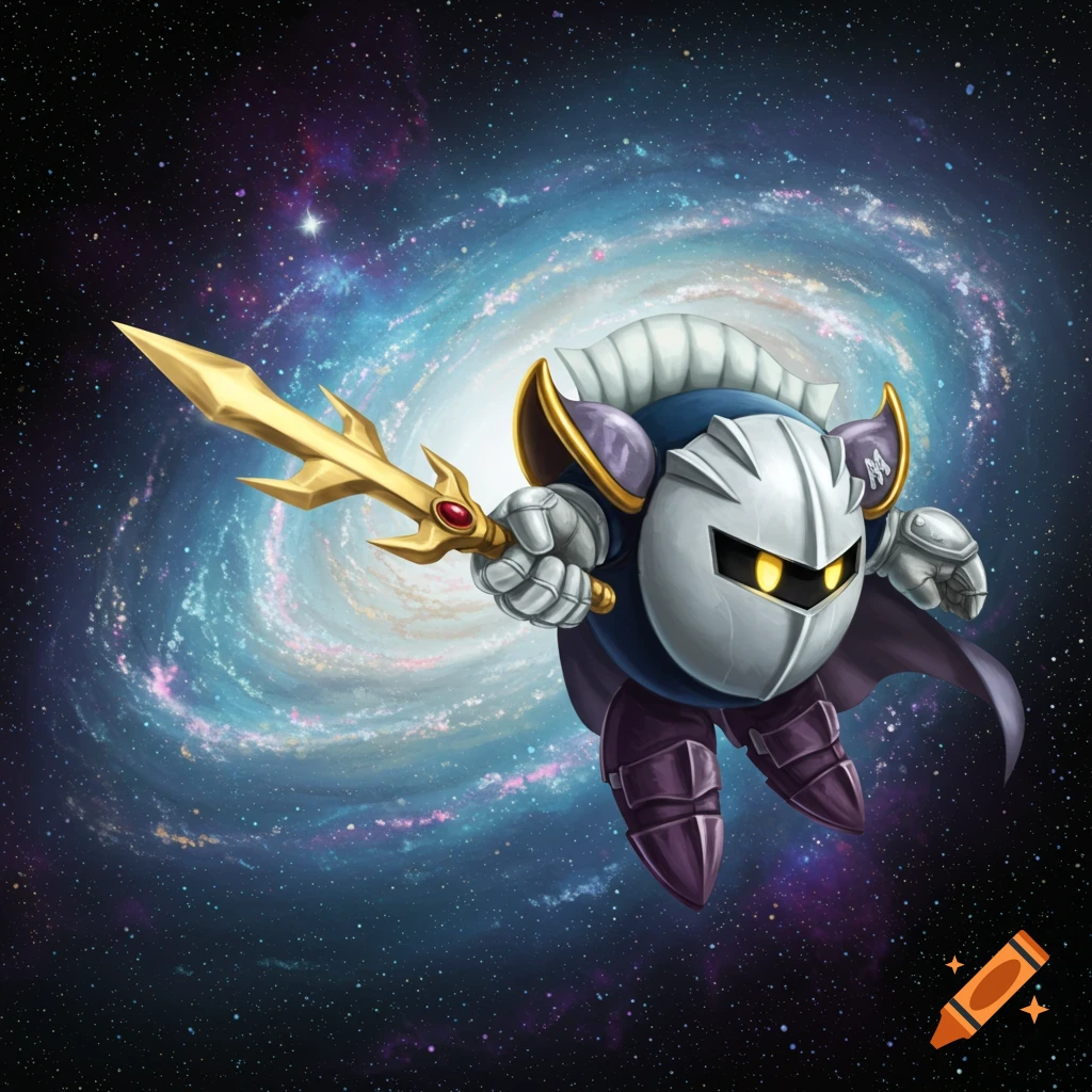 Meta Knight floats in space, holding his sword, with a galaxy in the background.