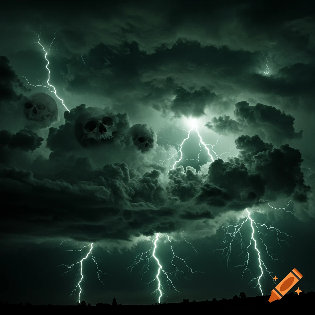 Dark green storm clouds with skulls emerging from them and lightning strikes.