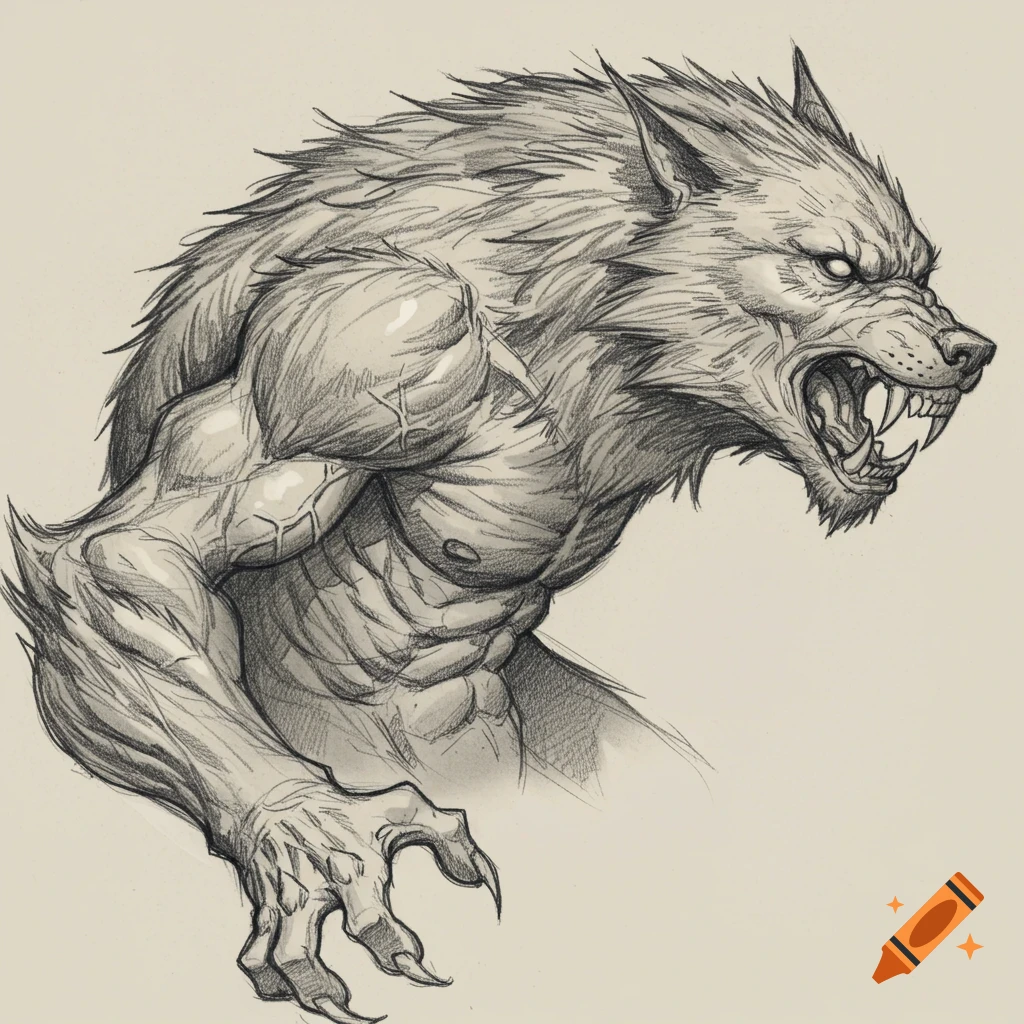 Pencil sketch of a snarling, muscular werewolf.
