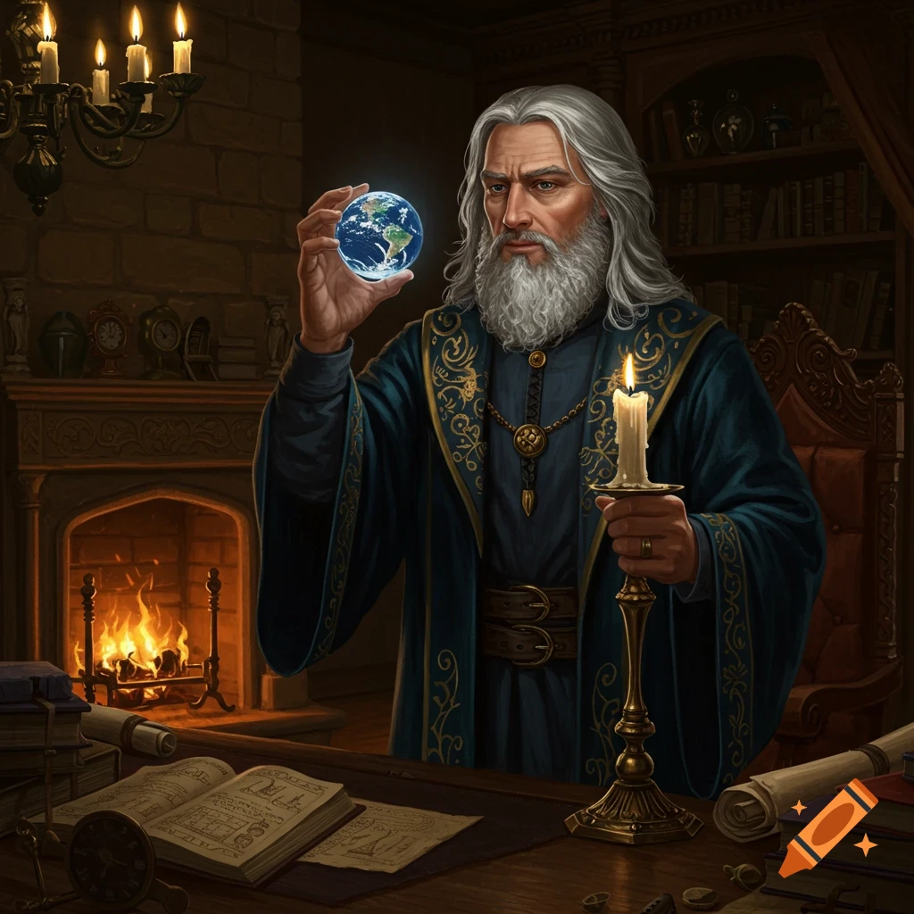 a wizard in his study holding a glowing earthlike orb