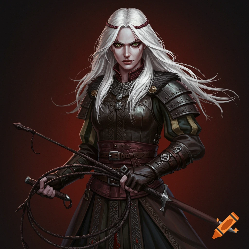A white-haired woman in fantasy armor holds a whip and sword.