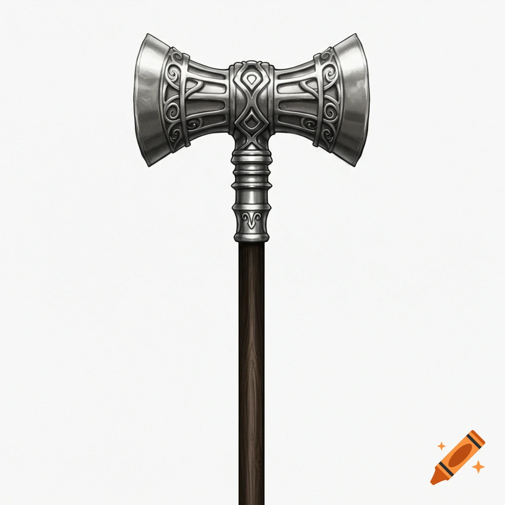 A silver two-handed fantasy hammer with ornate decoration on a white background.