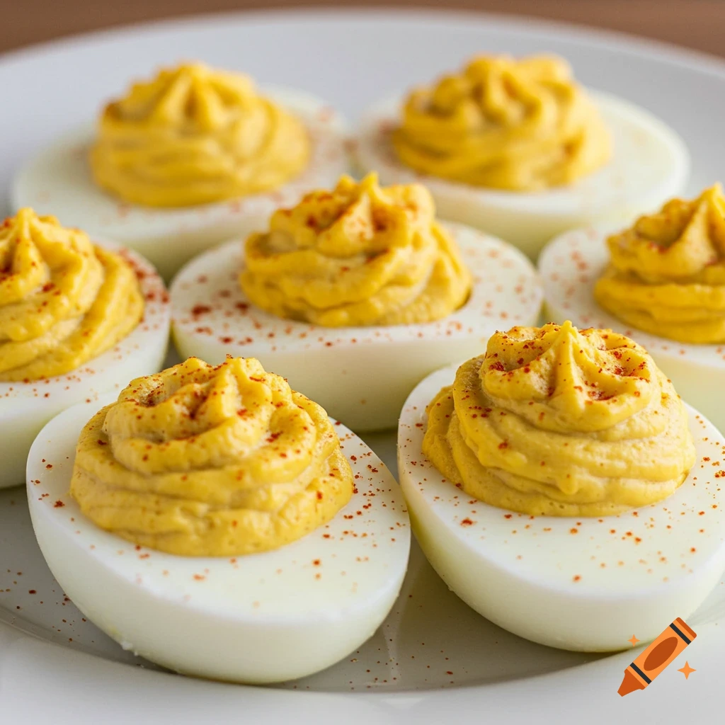 Close-up photo of deviled eggs on a plate