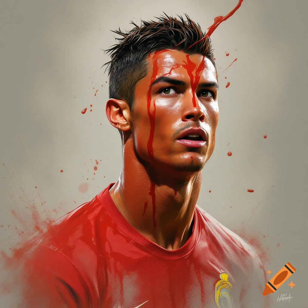 Picture of Cristiano Ronaldo with red liquid splattered on his face, neck, and shirt.