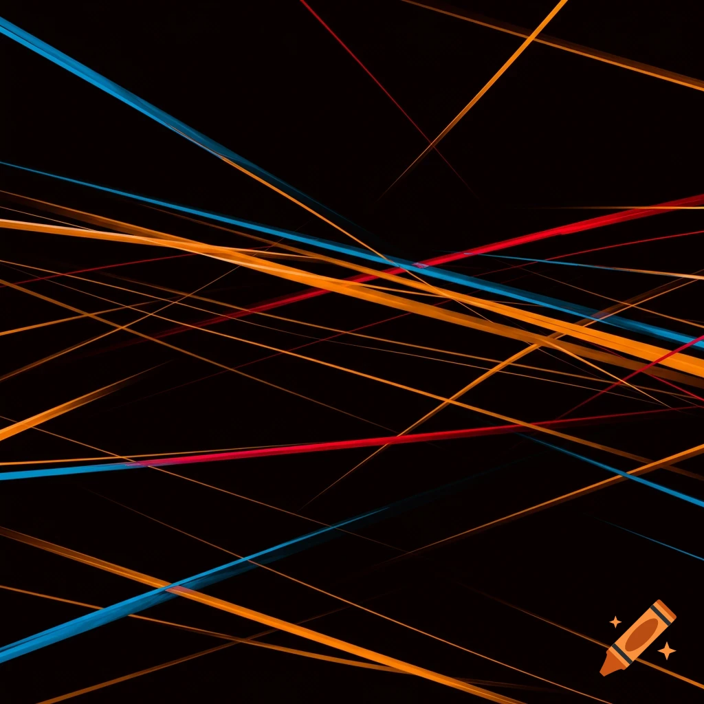 Abstract lines in orange, blue, and red on a black background.