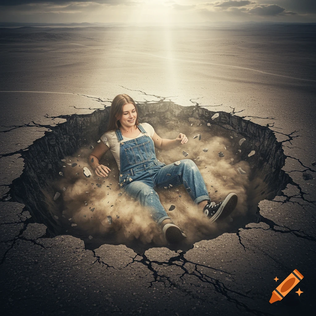 Woman in denim overalls sits in a dusty crater in the ground under a dramatic sky.