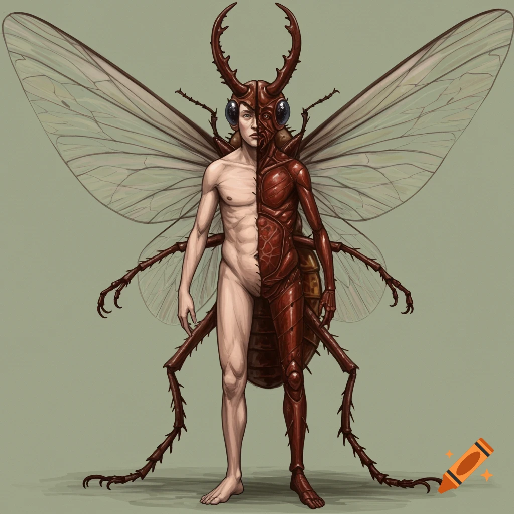 Painting of a creature that is half human and half beetle.