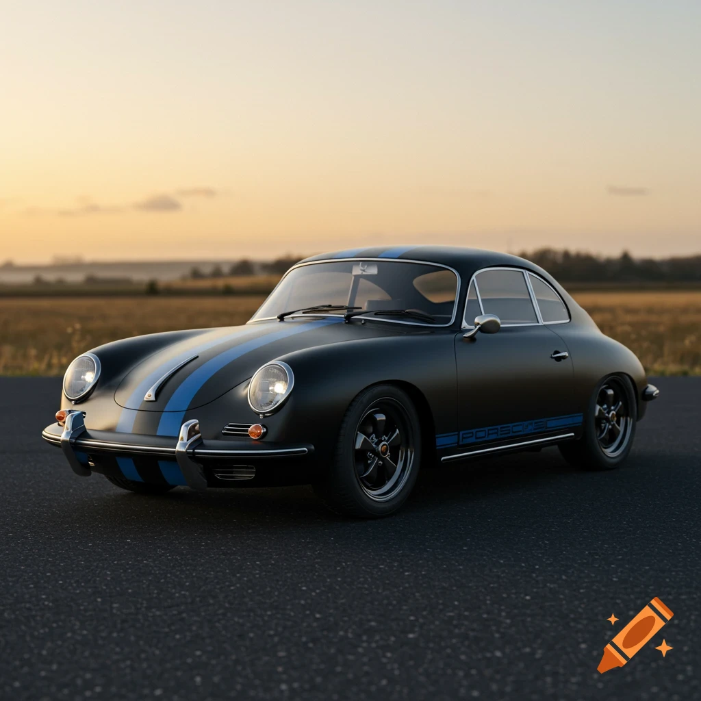 A matte black Porsche 356 coupe with blue stripes on a road at sunset.