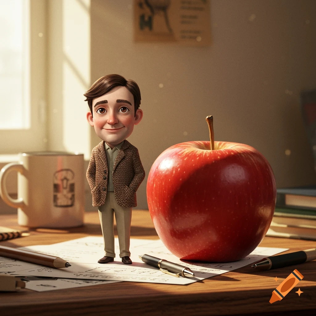 A small cartoonish man in a tweed jacket stands on a desk next to a large red apple, with papers and pens.