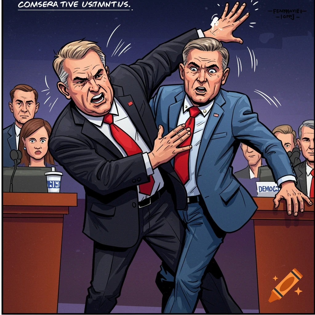 Comic book style image of a politician slapping another politician on a debate stage.