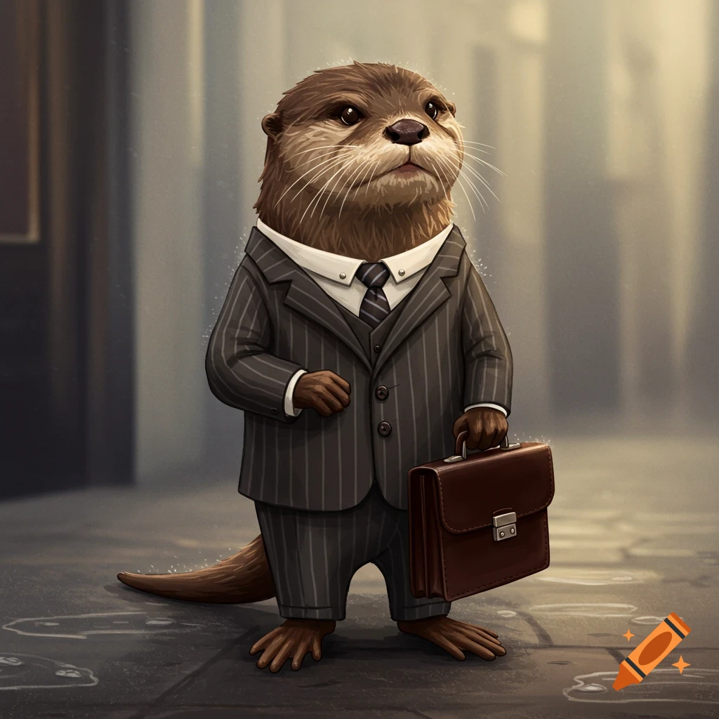 An otter in a suit holding a briefcase.