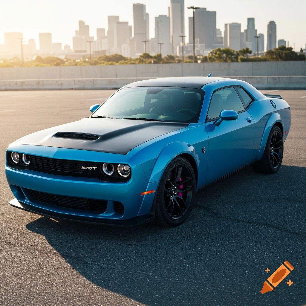 A blue Dodge Challenger Hellcat with a black hood and roof parked in front of a city skyline.