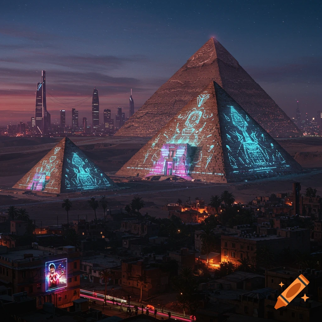 Cyberpunk future Giza with pyramids lit by neon projections and a futuristic city skyline at night.