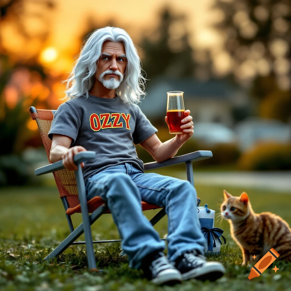 Realistic action figure of a man with white hair and beard in an Ozzy t-shirt, sitting in a lawn chair with a drink, a cat nearby, at sunset.
