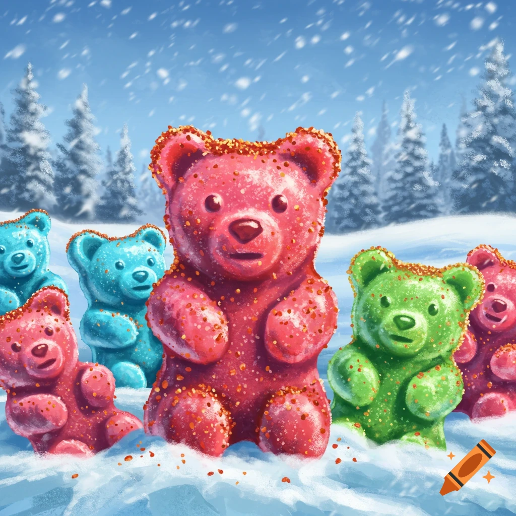 Colorful gummy bears covered in red flakes stand in the snow.