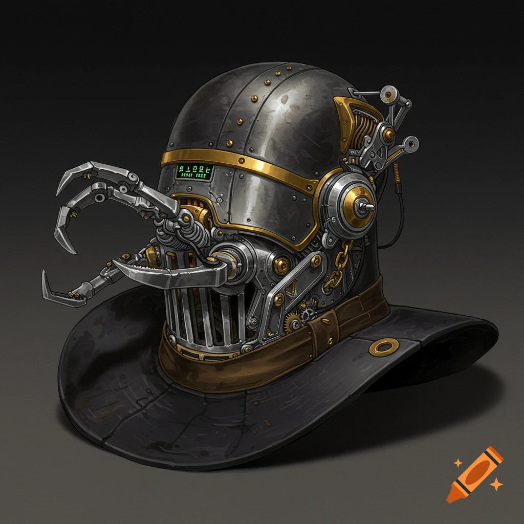 Steampunk hat with robotic arms and screen display