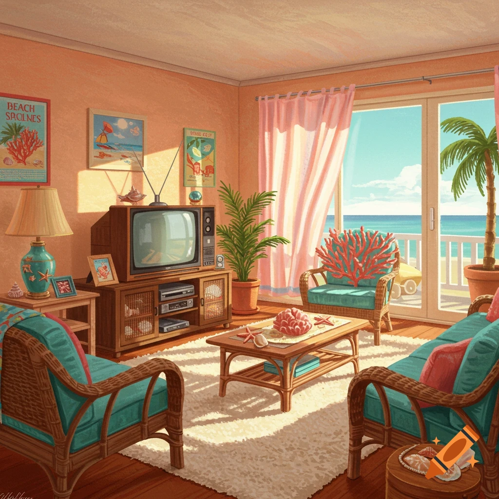 A 1980s style beach house living room overlooking the ocean.