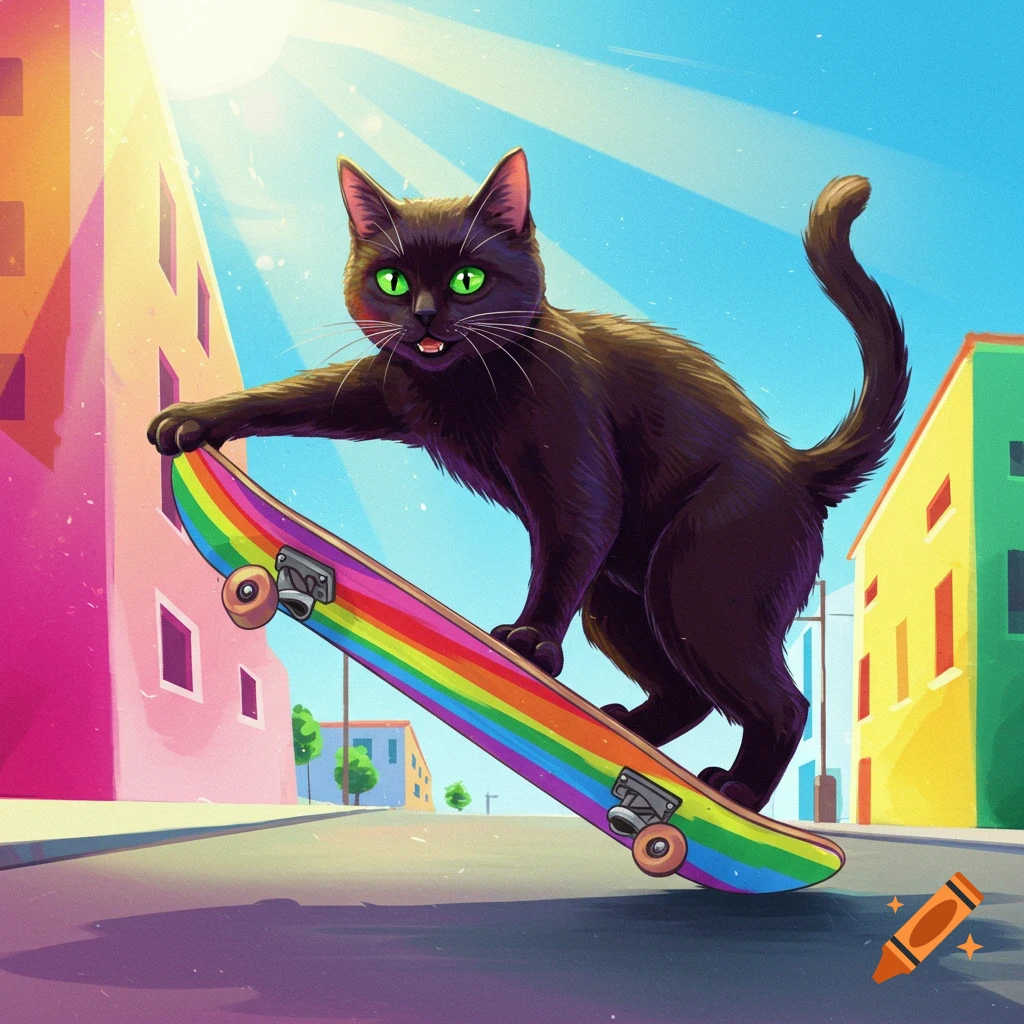 A black cat with green eyes standing on a rainbow skateboard in a sunny city street.