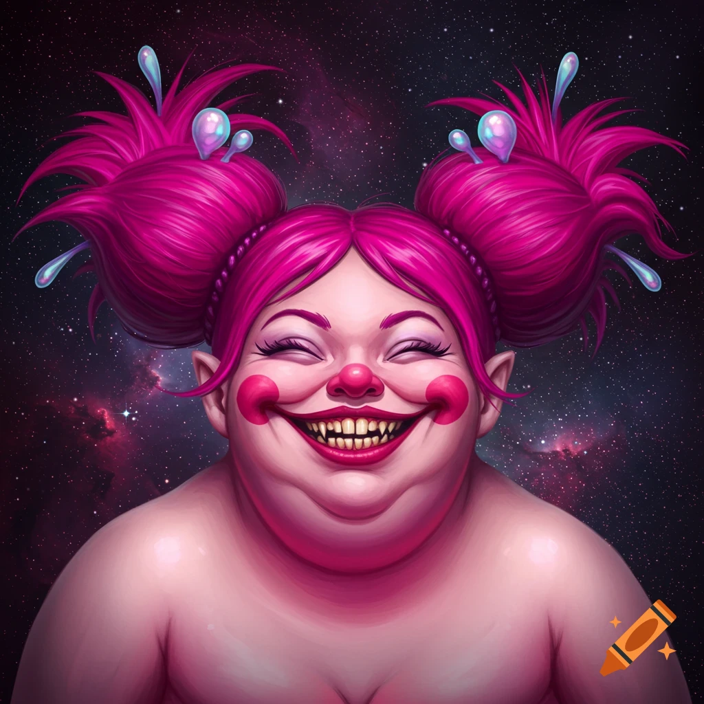 Close-up of a smiling clown hybrid with pink hair buns against a starry space background.