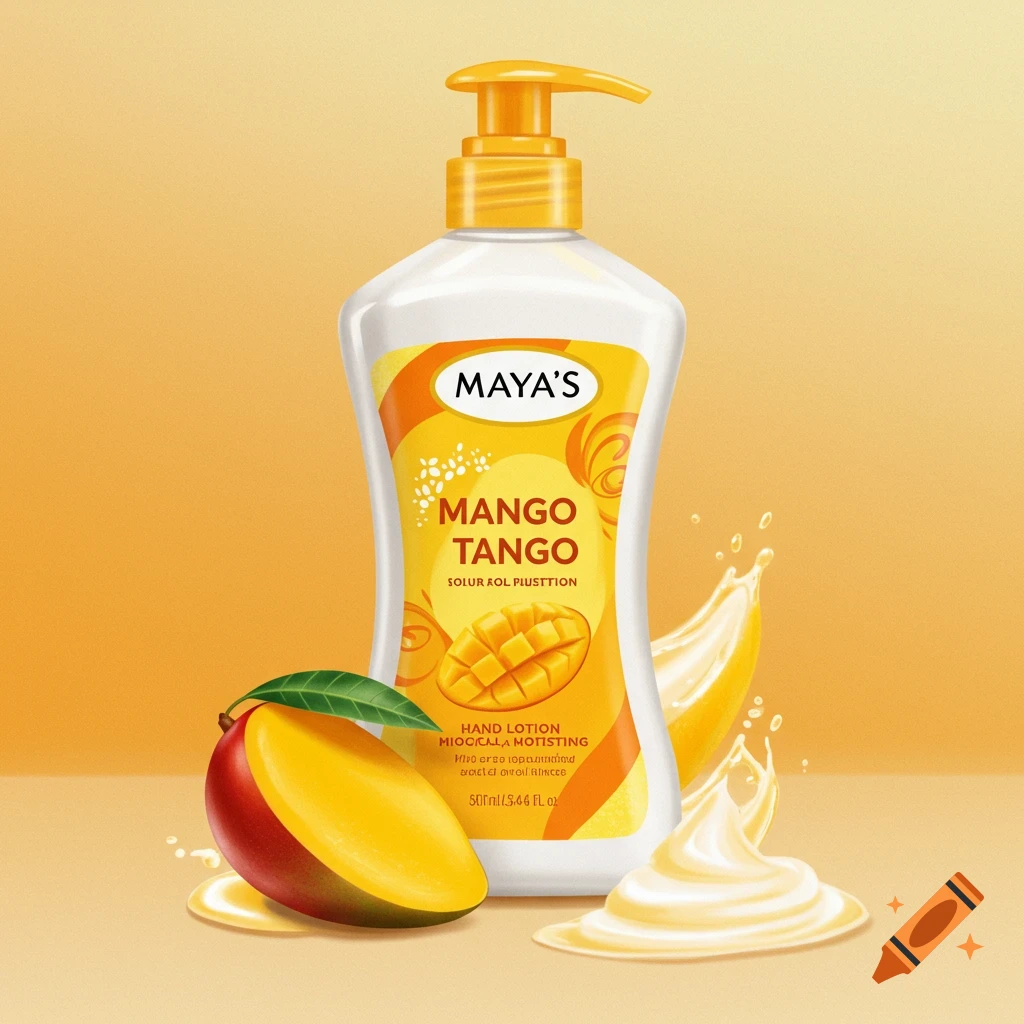 A bottle of Maya's Mango Tango hand lotion next to mangoes and lotion splashes.