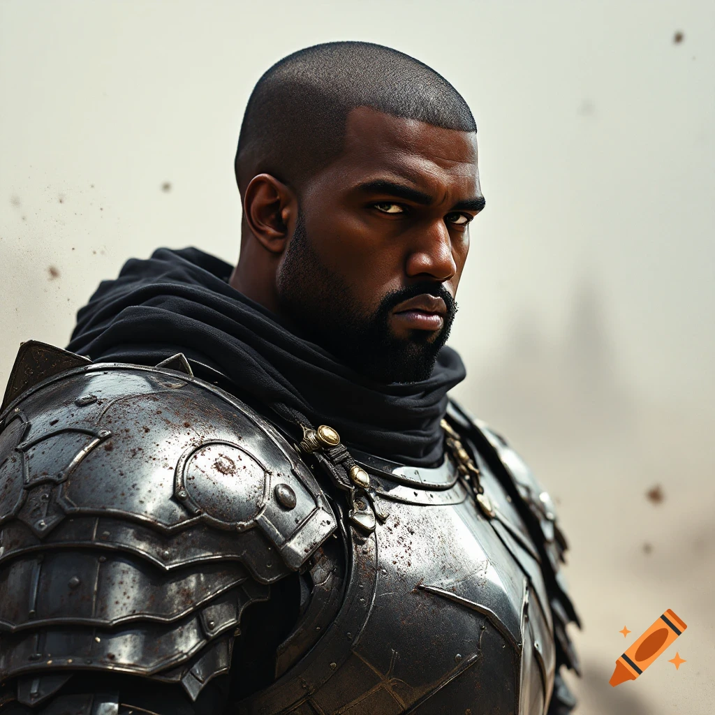 Realistic portrait of a dark-skinned man with a beard and short hair, wearing dark metal armor and a black scarf, looking intensely.