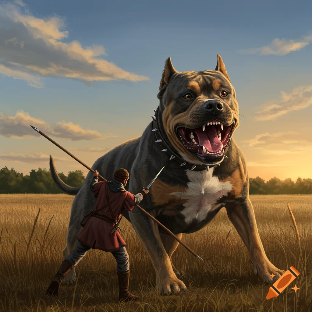 A small warrior with spears faces a giant brindle pitbull in a grassy field at sunset