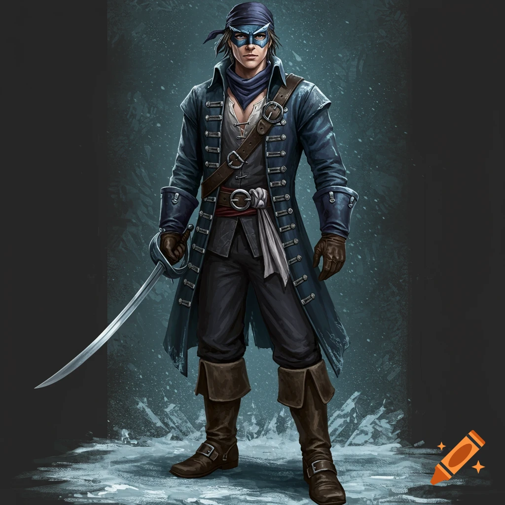 A young male fantasy swashbuckler in a blue coat and mask, holding a sword.