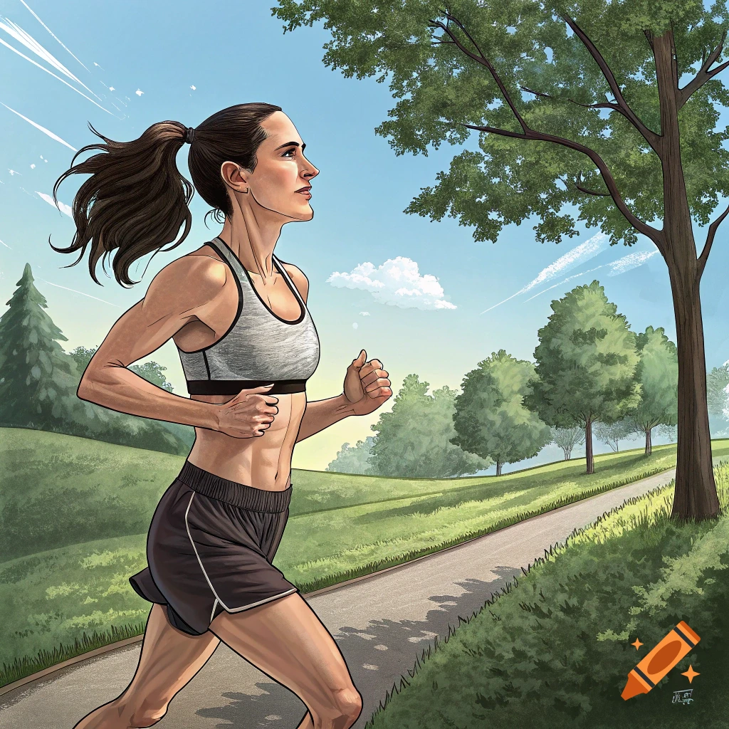 Illustration of a woman jogging on a path in a park.
