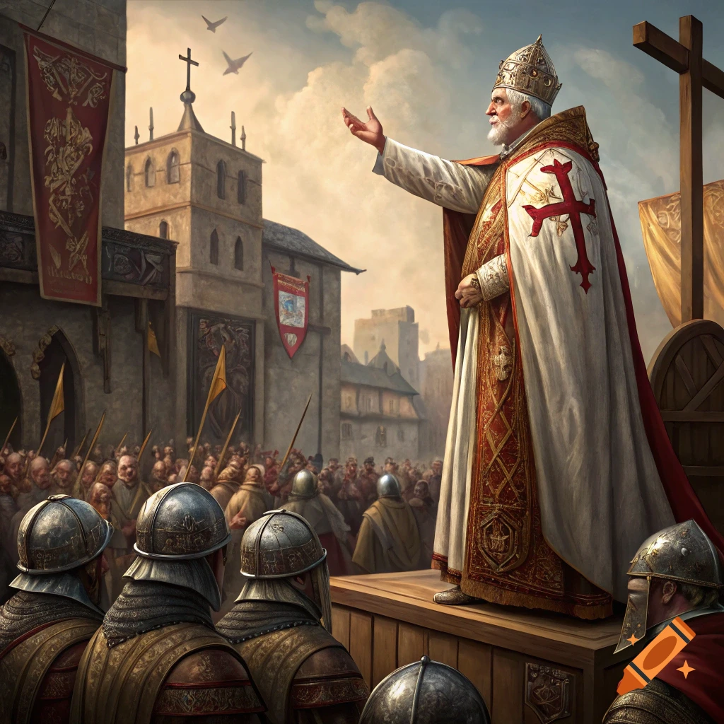 Painting of Pope Urban II giving a speech to medieval soldiers in a town square.