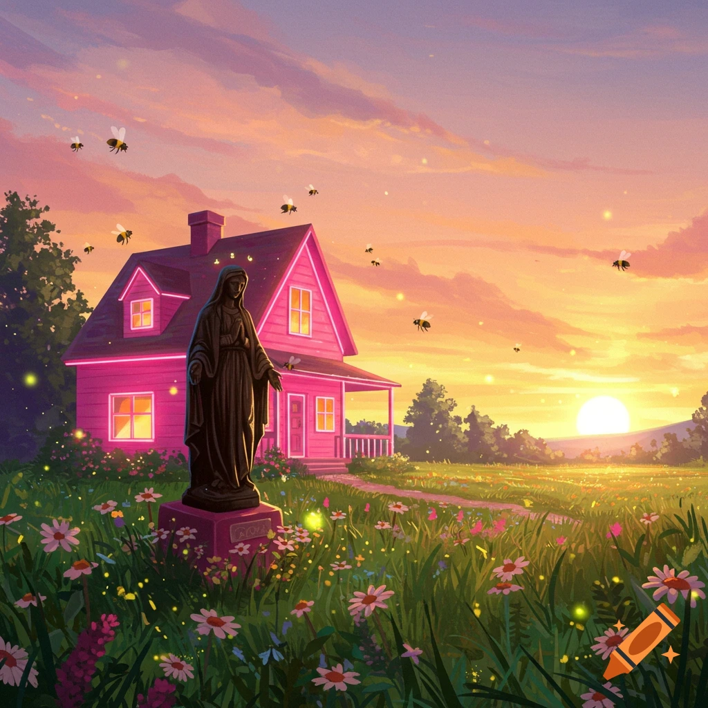 A pink house stands near a statue of the Black Madonna. Bees buzz around a field of wildflowers under a golden sunset.