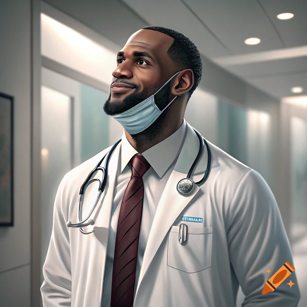 Photorealistic portrait of a Black man dressed as a doctor with a mask pulled down, looking up.