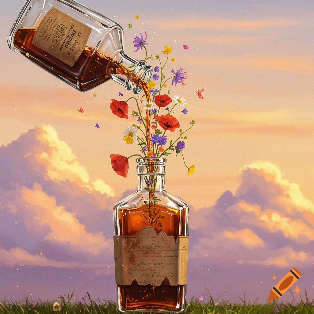 Wildflowers being poured from a bottle into another bottle under a sunset sky.