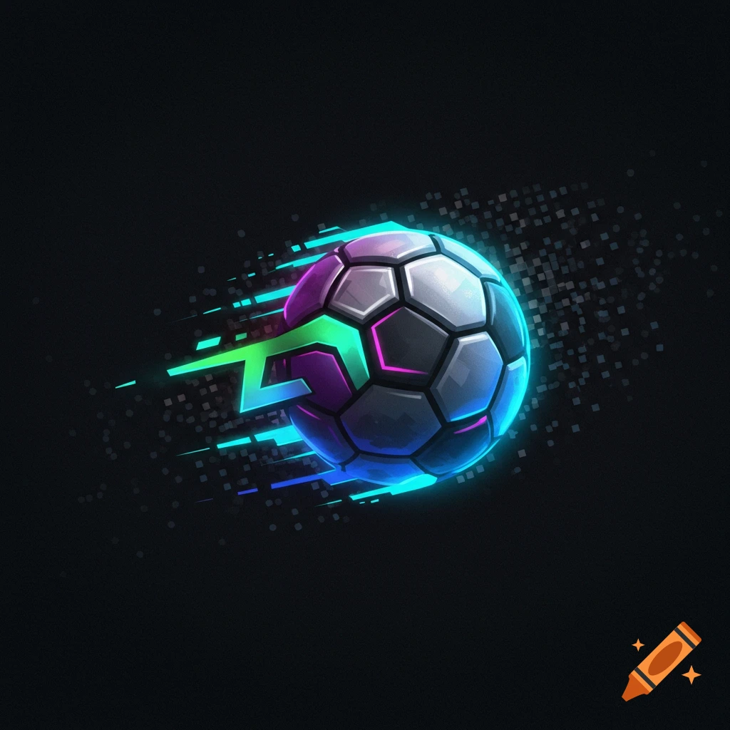 Stylized soccer ball with neon streaks and digital effects on a dark background.