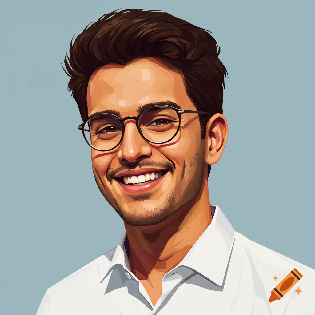 Painting of a smiling man wearing glasses and a white collared shirt