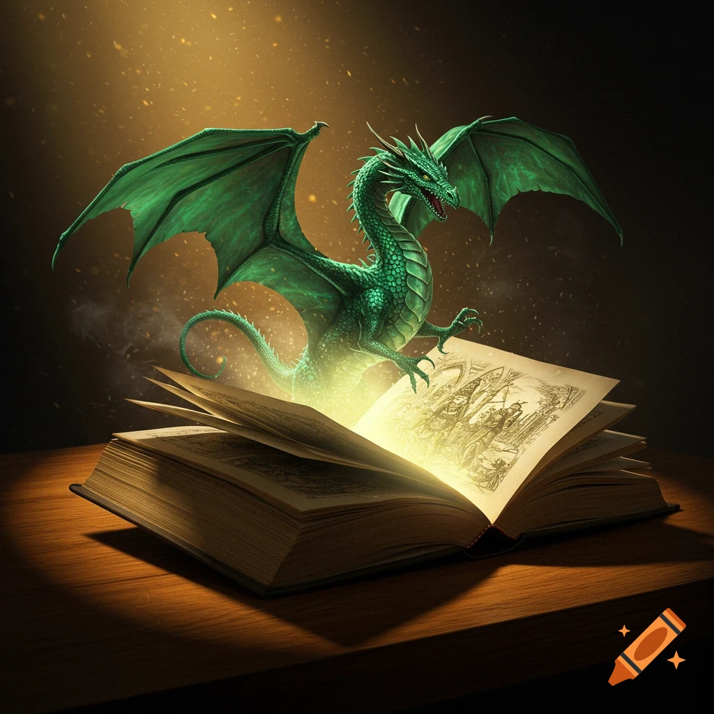 A green dragon emerges from an open book with glowing light.