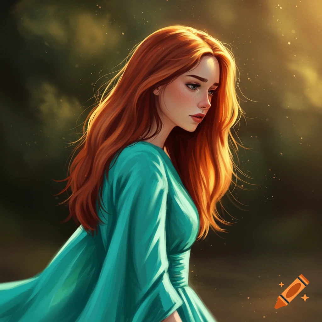 A woman with red hair in a teal dress.