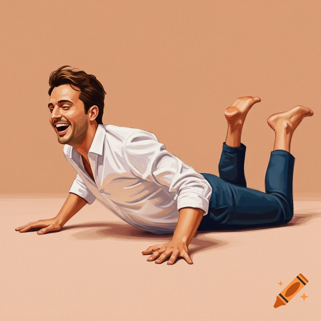 A laughing man lying on his stomach with his legs up.