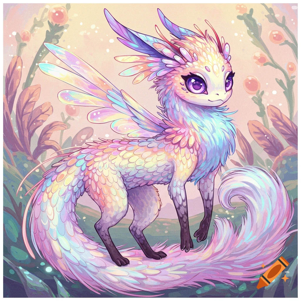 A cute pastel rainbow feathery fantasy creature with wings stands in a whimsical forest setting.