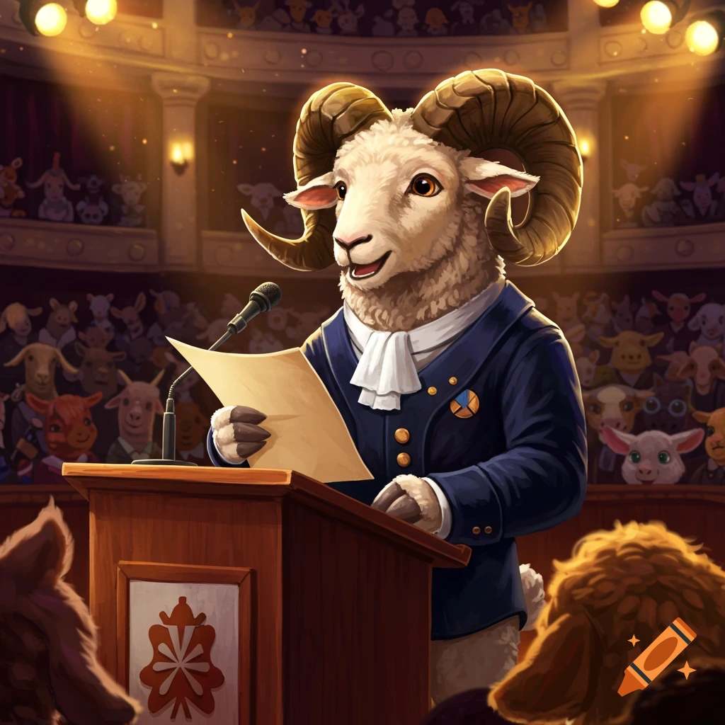 A ram giving a speech at a podium to an audience of anthropomorphic animals in an auditorium.