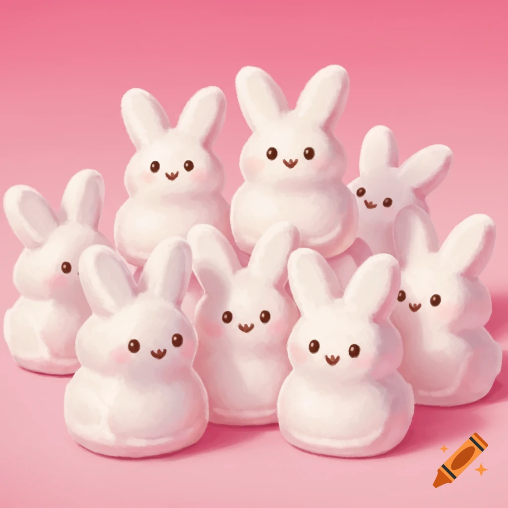 Several cute white marshmallow bunnies on a pink background.