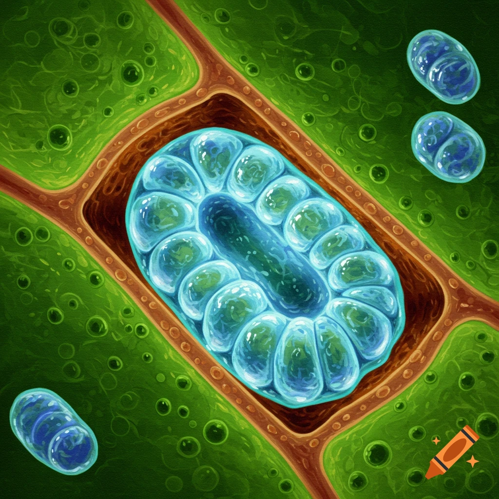 A close-up of a vacuole structure within a plant cell, surrounded by chloroplasts.