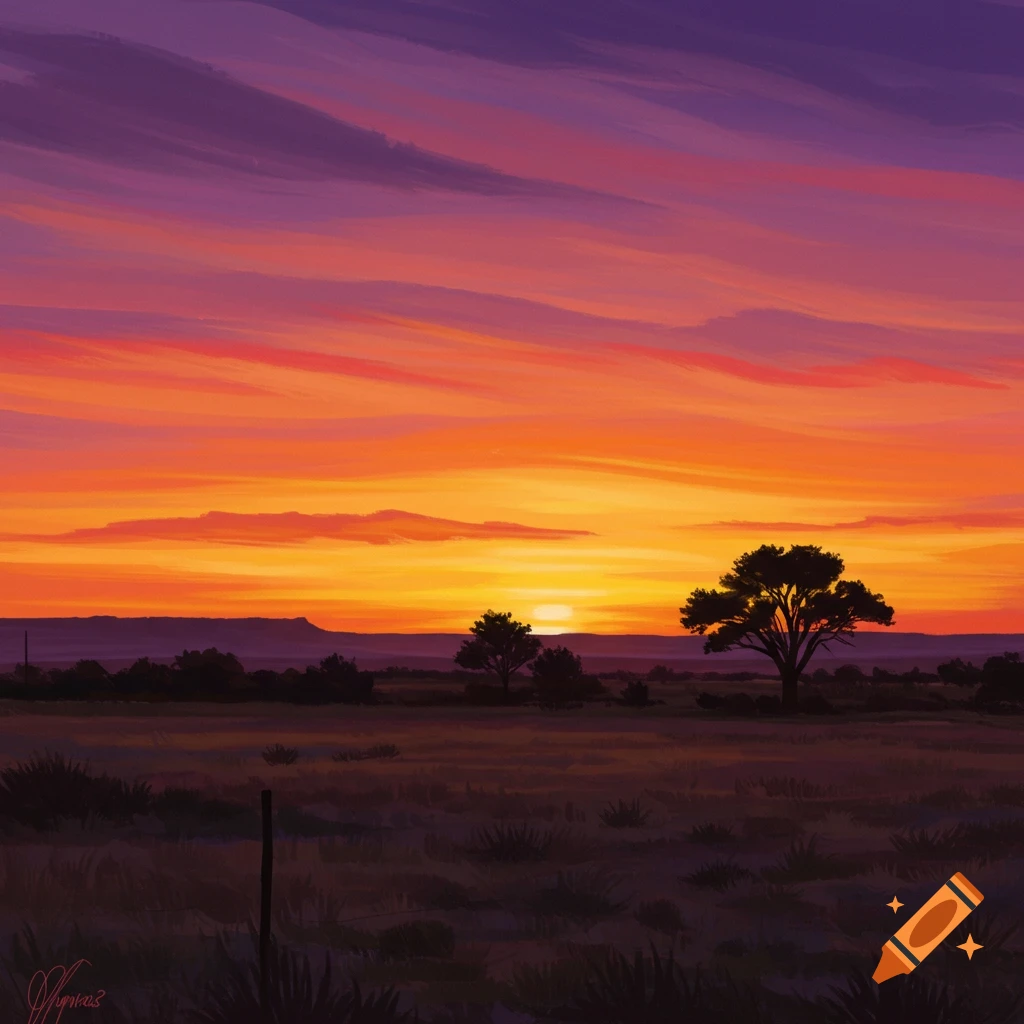 A vibrant sunset over a grassy field with trees in the distance.