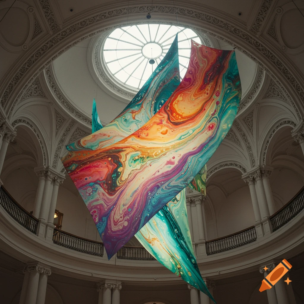 Colorful abstract fabric art piece hanging from the ceiling in a large room with ornate architecture and a skylight.