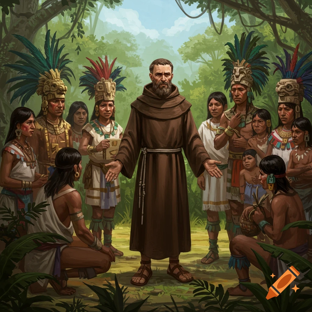 A Spanish friar is speaking to a group of Mayans in a jungle.